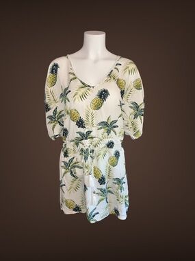 Women's Blue Island White, Green, & Yellow Pineapple Print Tunic/Cover Up, Small